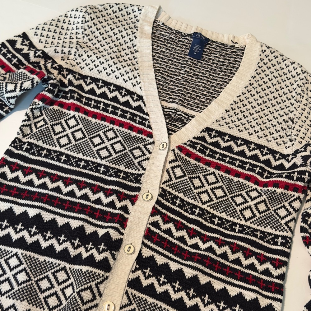 IZOD Cardigan Sweater Black White Red Fair Isle Geometric Y2K Medium Knit Button